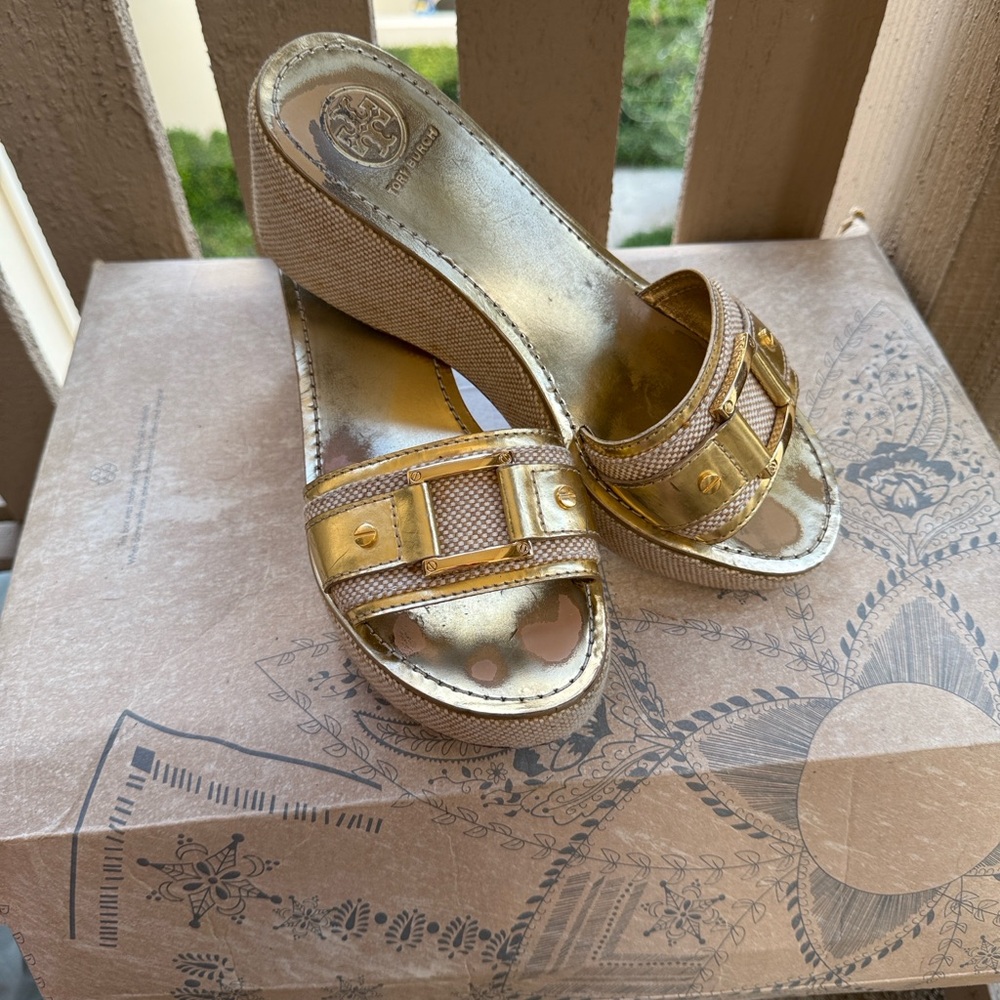 Tory Burch Gold Metallic Wedge Slides
